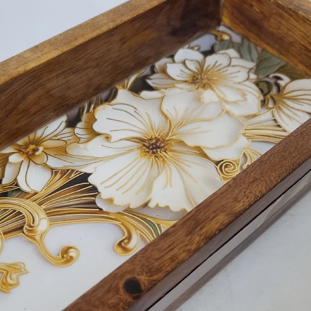 Jilmilwoodkraft India Wood Floral Dresser Tray with Gold Floral Handles